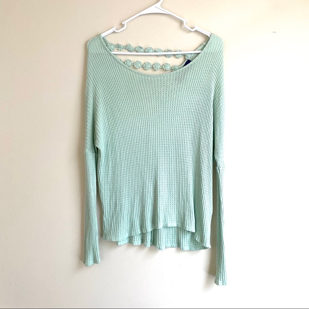 Mint Waffle Knit Dolman Floral Back Top